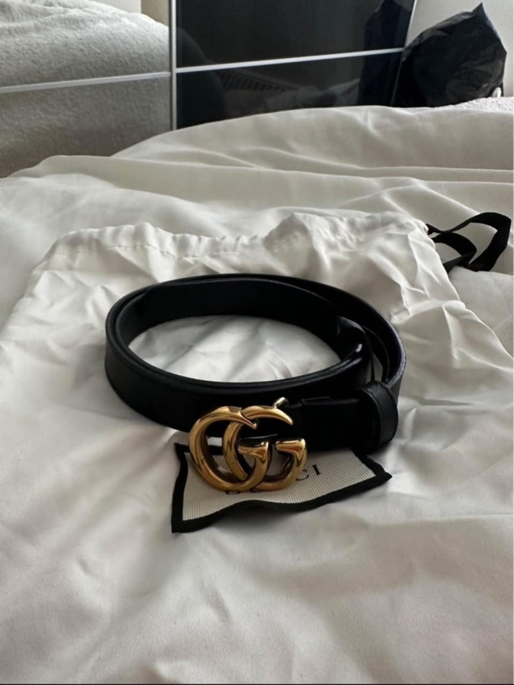 Gucci Black Leather Belt with Gold Double G Buckle